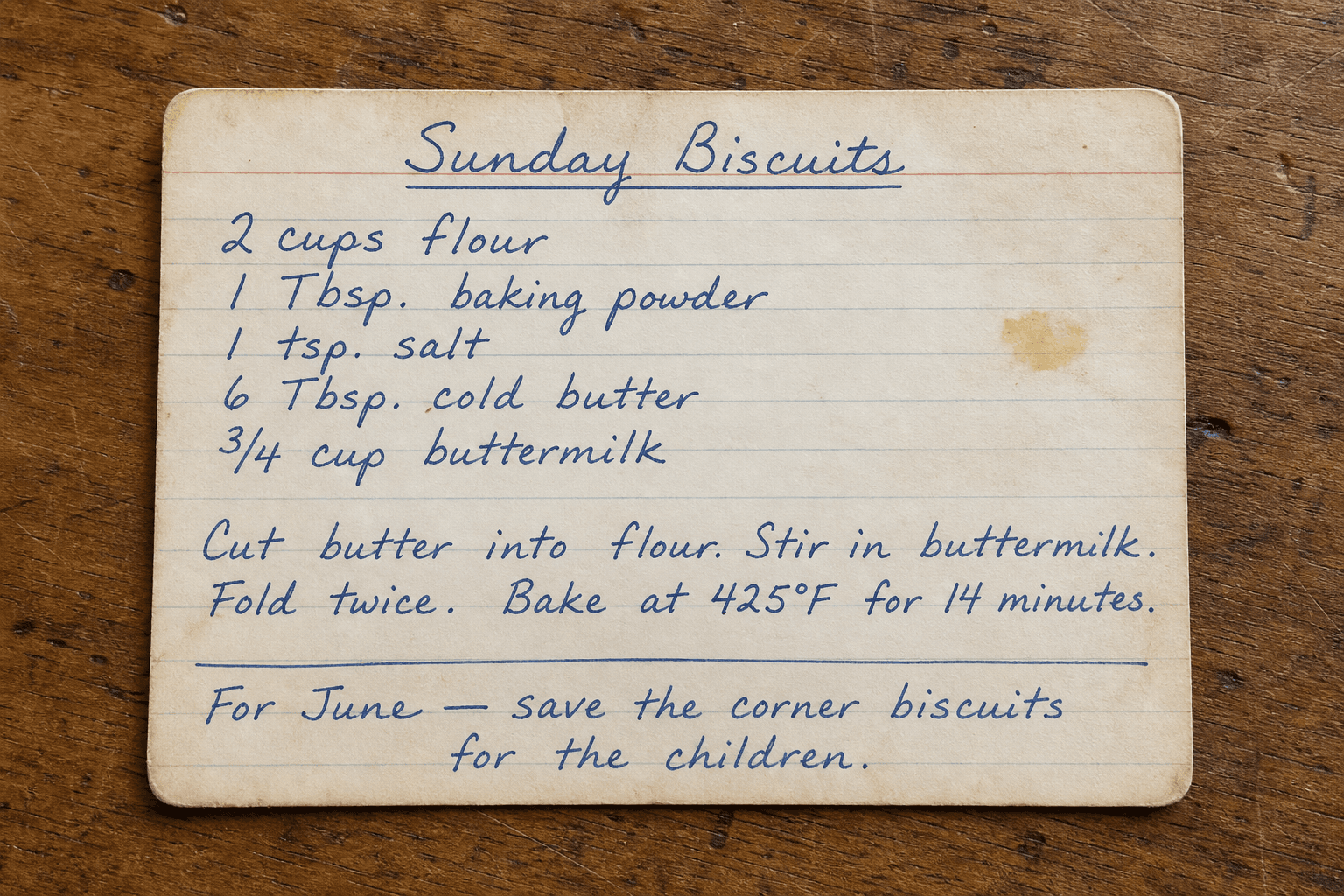 Synthetic handwritten Sunday Biscuits recipe card used for the Handed To Us example